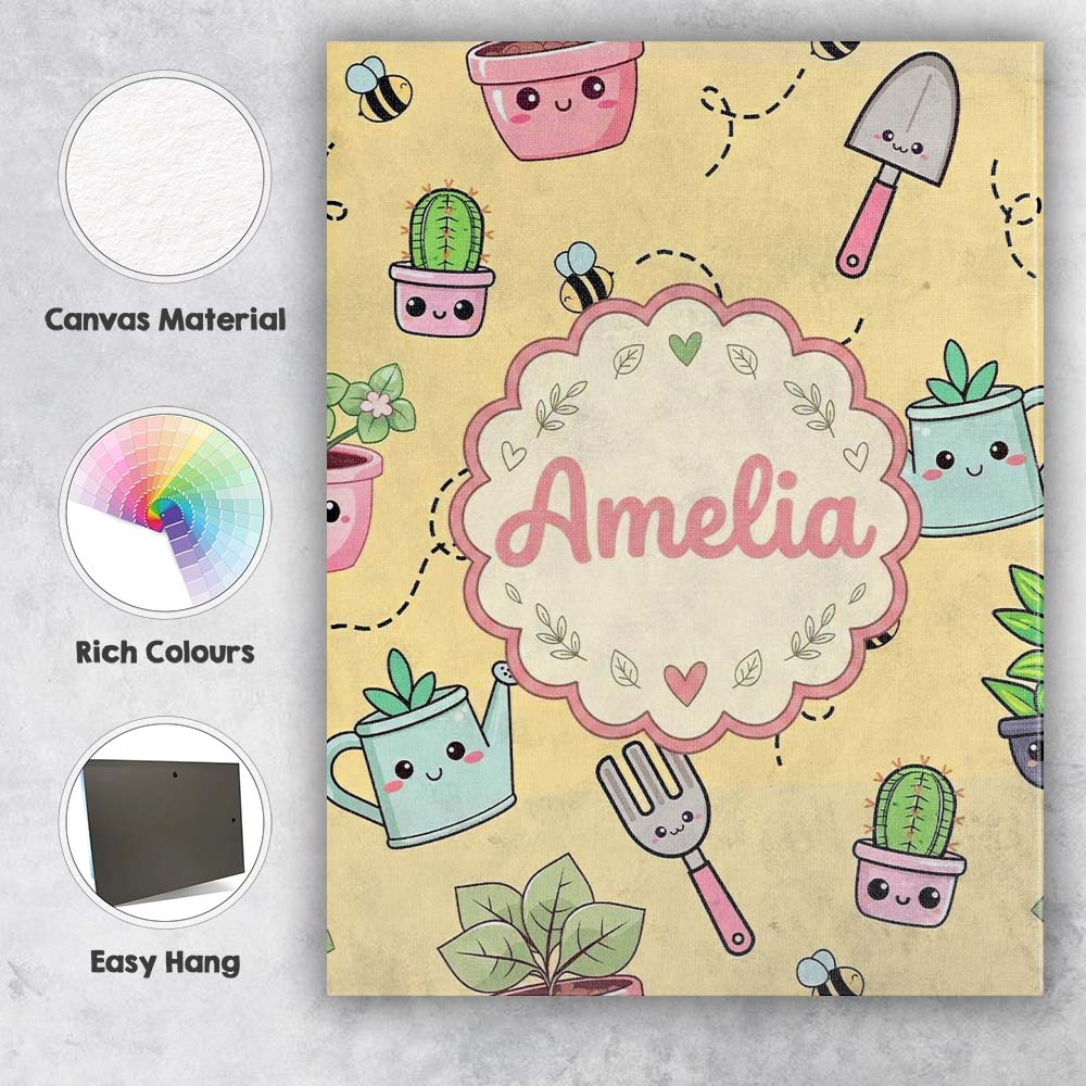 Personalised Name Cute Kawaii Garden Tools Custom Unique Gift Idea Elegant Feature Canvas Wall Art Print Decor Picture Ready to Hang