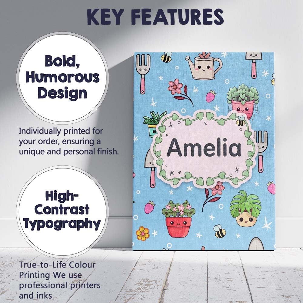 Personalised Name Cute Kawaii Garden Tools Custom Unique Gift Idea Elegant Feature Canvas Wall Art Print Decor Picture Ready to Hang