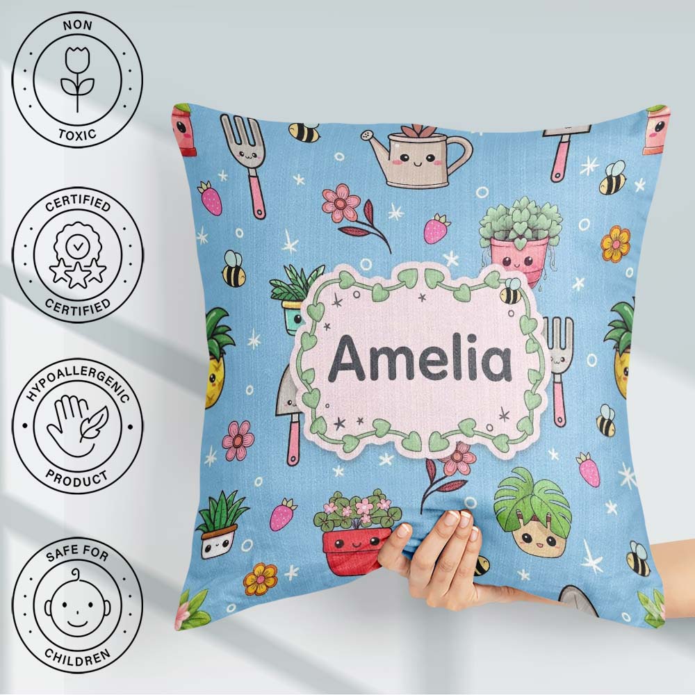 Custom Name Kawaii Garden Tools Plants Bees Seamless Blue Floral Square Filled Cushion Throw Pillow Sofa Bed Home Decor Zip Washable UK Made