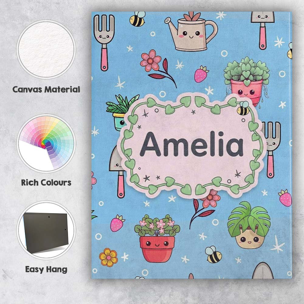 Personalised Name Cute Kawaii Garden Tools Custom Unique Gift Idea Elegant Feature Canvas Wall Art Print Decor Picture Ready to Hang