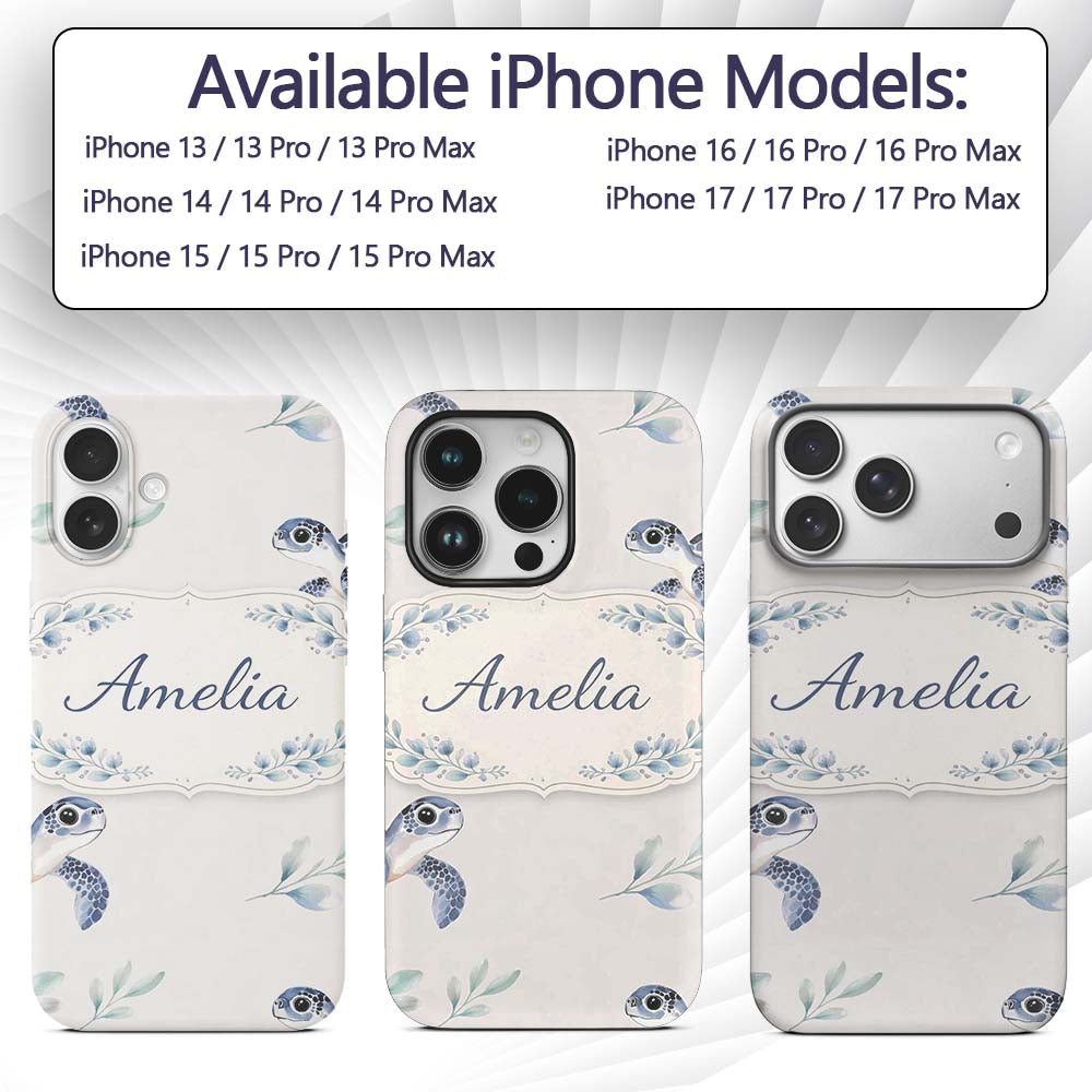 Watercolor Sea Turtle Ocean Minimal Leaf Seamless Custom Name Protective Phone Case Mobile Cover Durable Everyday Smartphone Shock Resistant