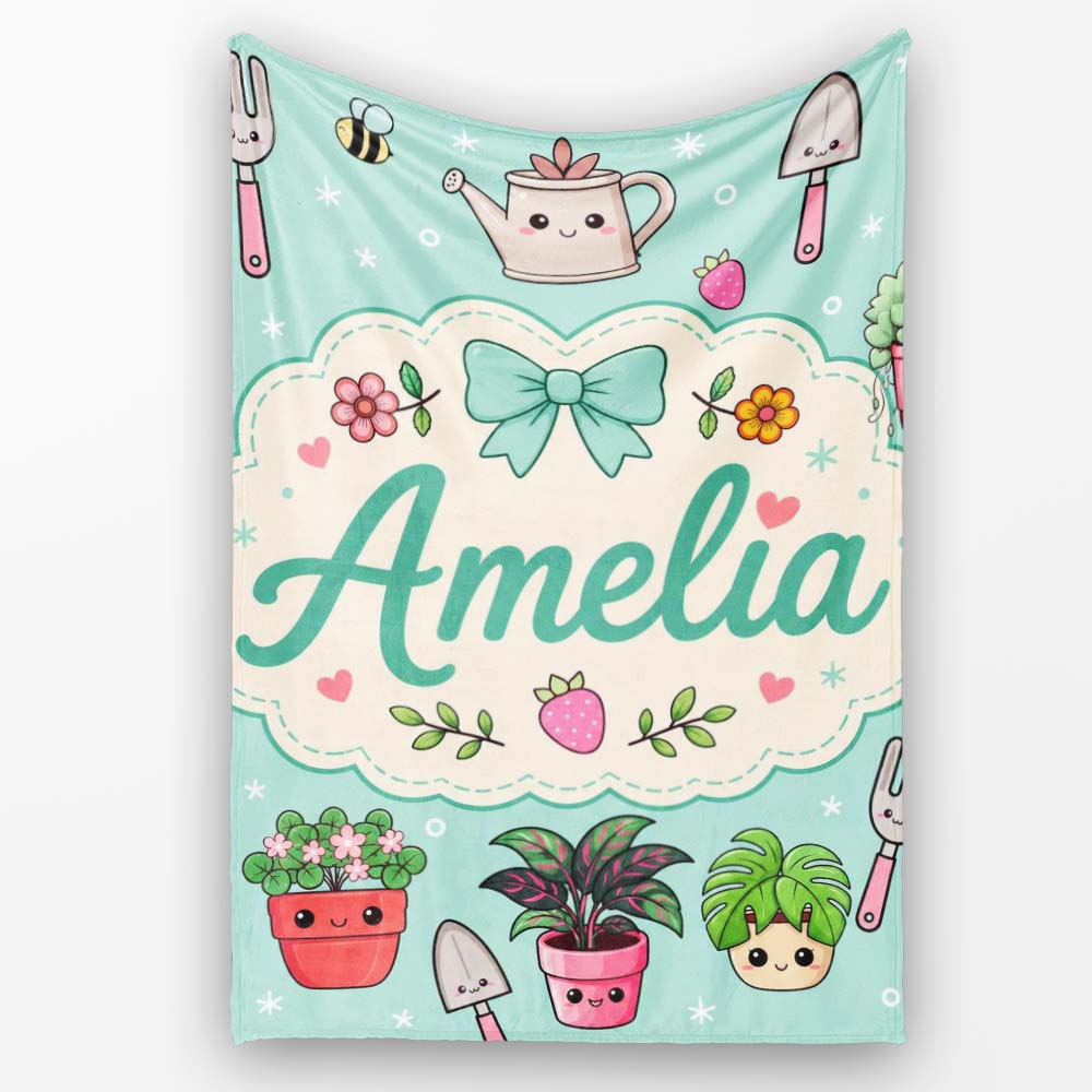 Cute Kawaii Garden Tools Plants Bees Seamless Pattern Mint Floral Personalised Custom Name Super Soft Fleece Blanket Bed Sofa Throw