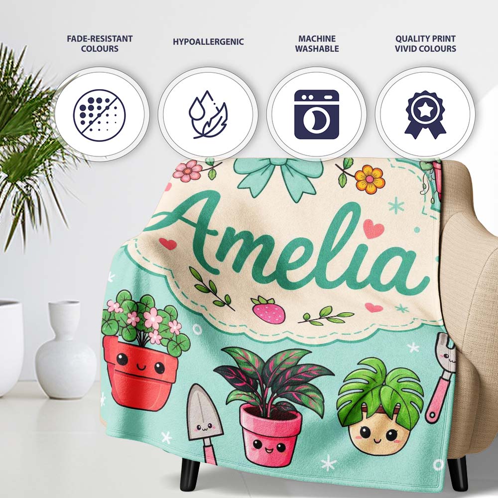 Cute Kawaii Garden Tools Plants Bees Seamless Pattern Mint Floral Personalised Custom Name Super Soft Fleece Blanket Bed Sofa Throw