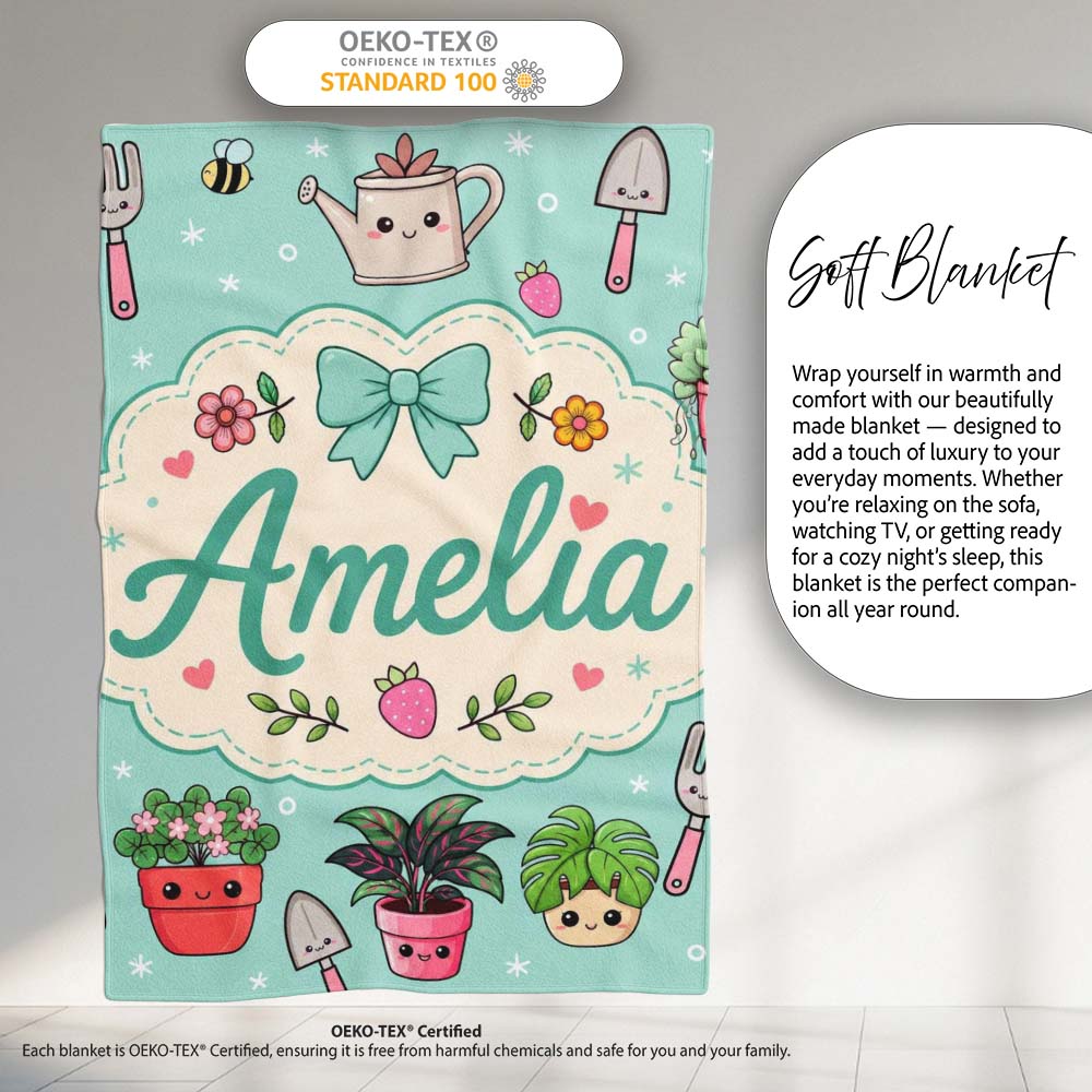 Cute Kawaii Garden Tools Plants Bees Seamless Pattern Mint Floral Personalised Custom Name Super Soft Fleece Blanket Bed Sofa Throw