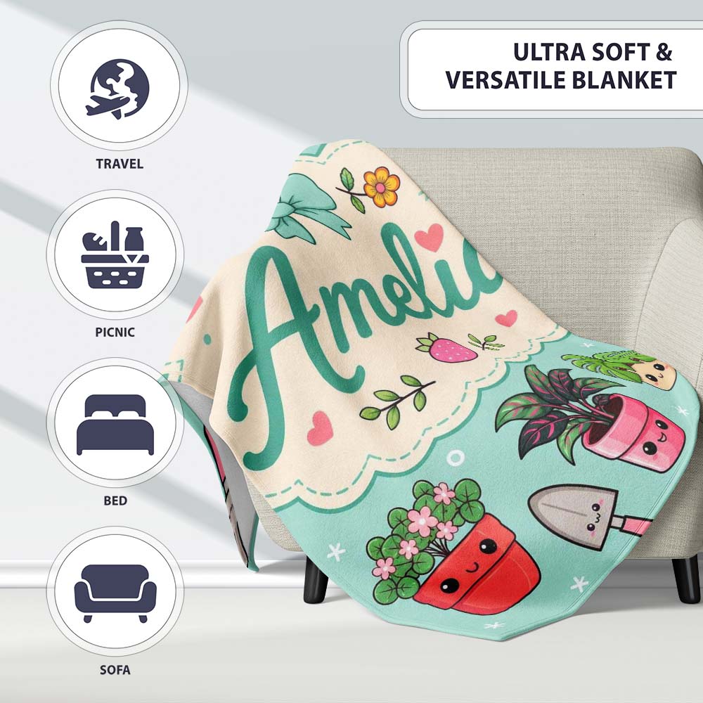 Cute Kawaii Garden Tools Plants Bees Seamless Pattern Mint Floral Personalised Custom Name Super Soft Fleece Blanket Bed Sofa Throw