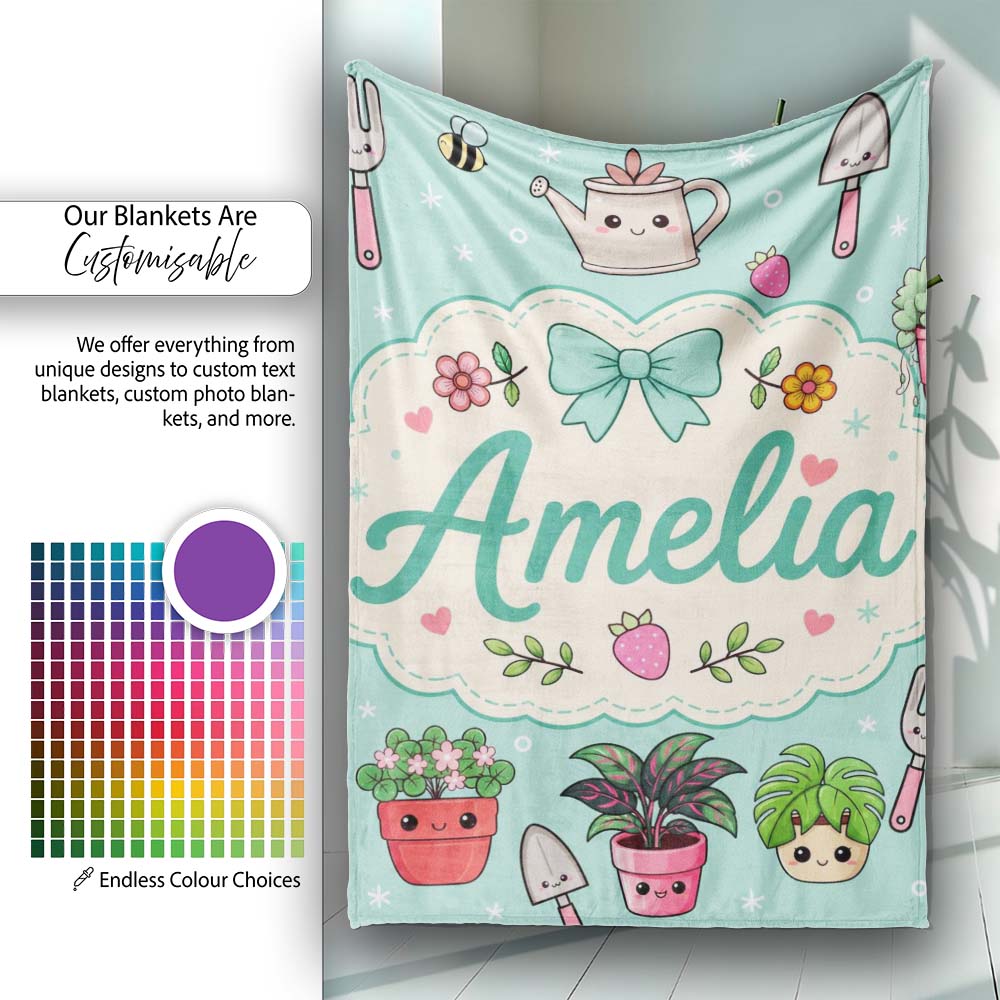 Cute Kawaii Garden Tools Plants Bees Seamless Pattern Mint Floral Personalised Custom Name Super Soft Fleece Blanket Bed Sofa Throw