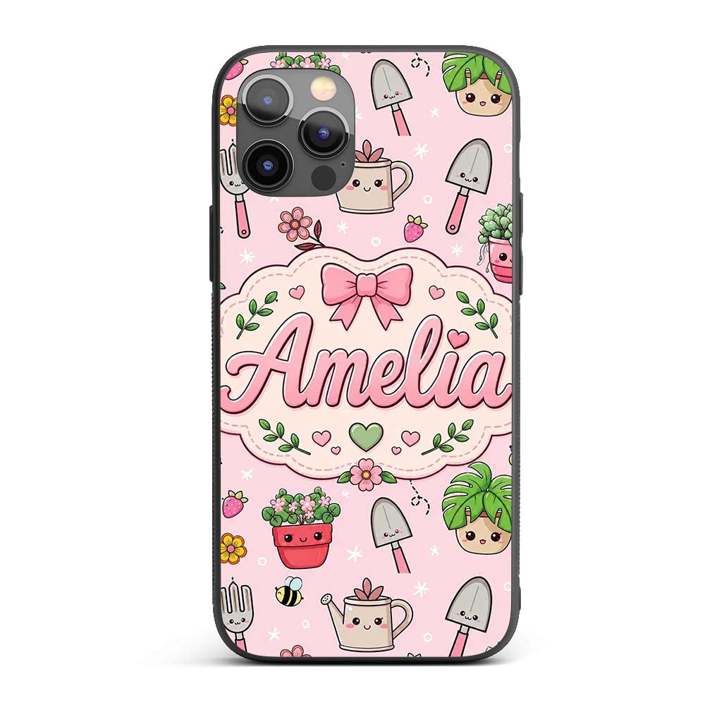 Cute Kawaii Garden Tools Plants Bees Seamless Custom Name Protective Phone Case Mobile Cover Durable Everyday Smartphone Shock Resistant