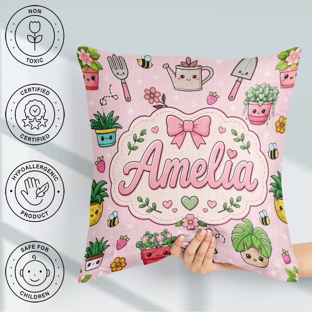 Custom Name Kawaii Garden Tools Plants Bees Seamless Pink Floral Square Filled Cushion Throw Pillow Sofa Bed Home Decor Zip Washable UK Made