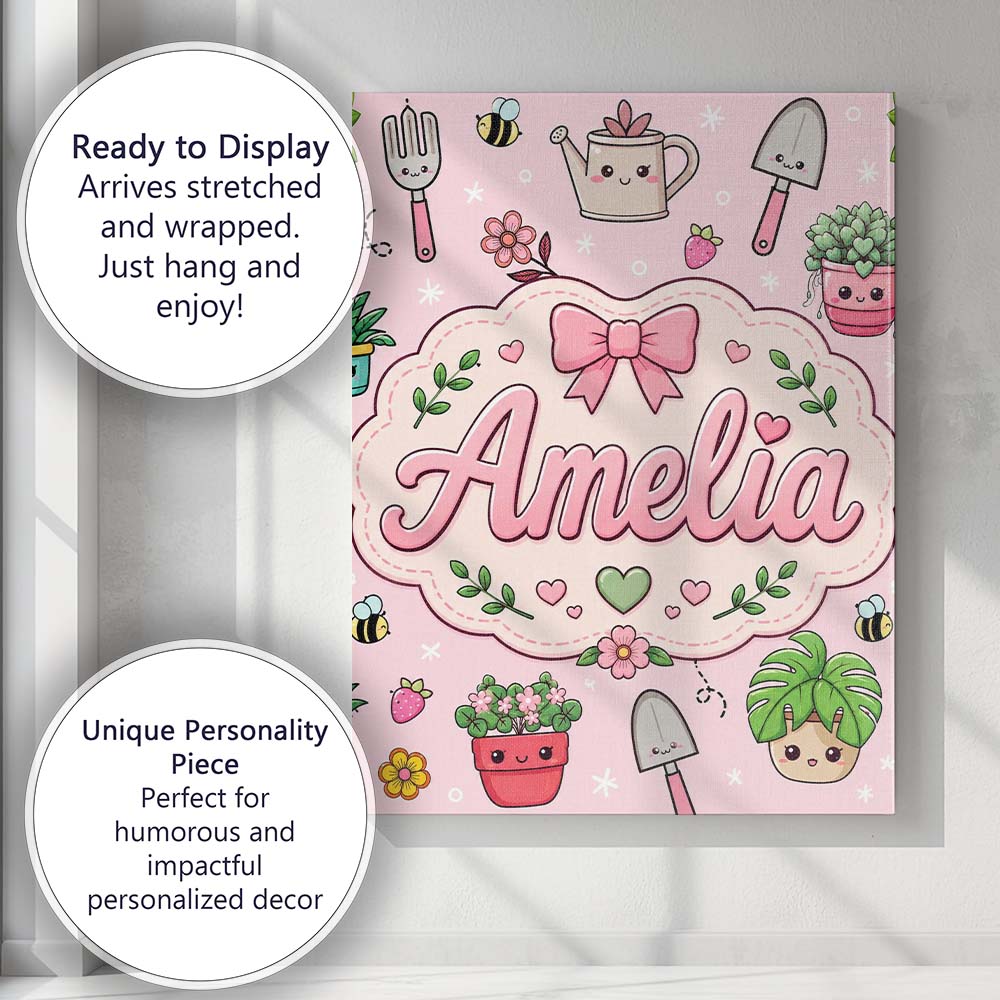 Personalised Name Cute Kawaii Garden Tools Custom Unique Gift Idea Elegant Feature Canvas Wall Art Print Decor Picture Ready to Hang