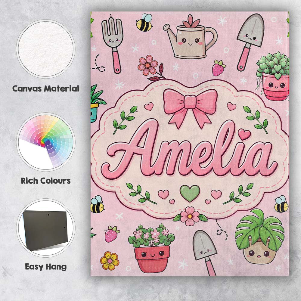 Personalised Name Cute Kawaii Garden Tools Custom Unique Gift Idea Elegant Feature Canvas Wall Art Print Decor Picture Ready to Hang