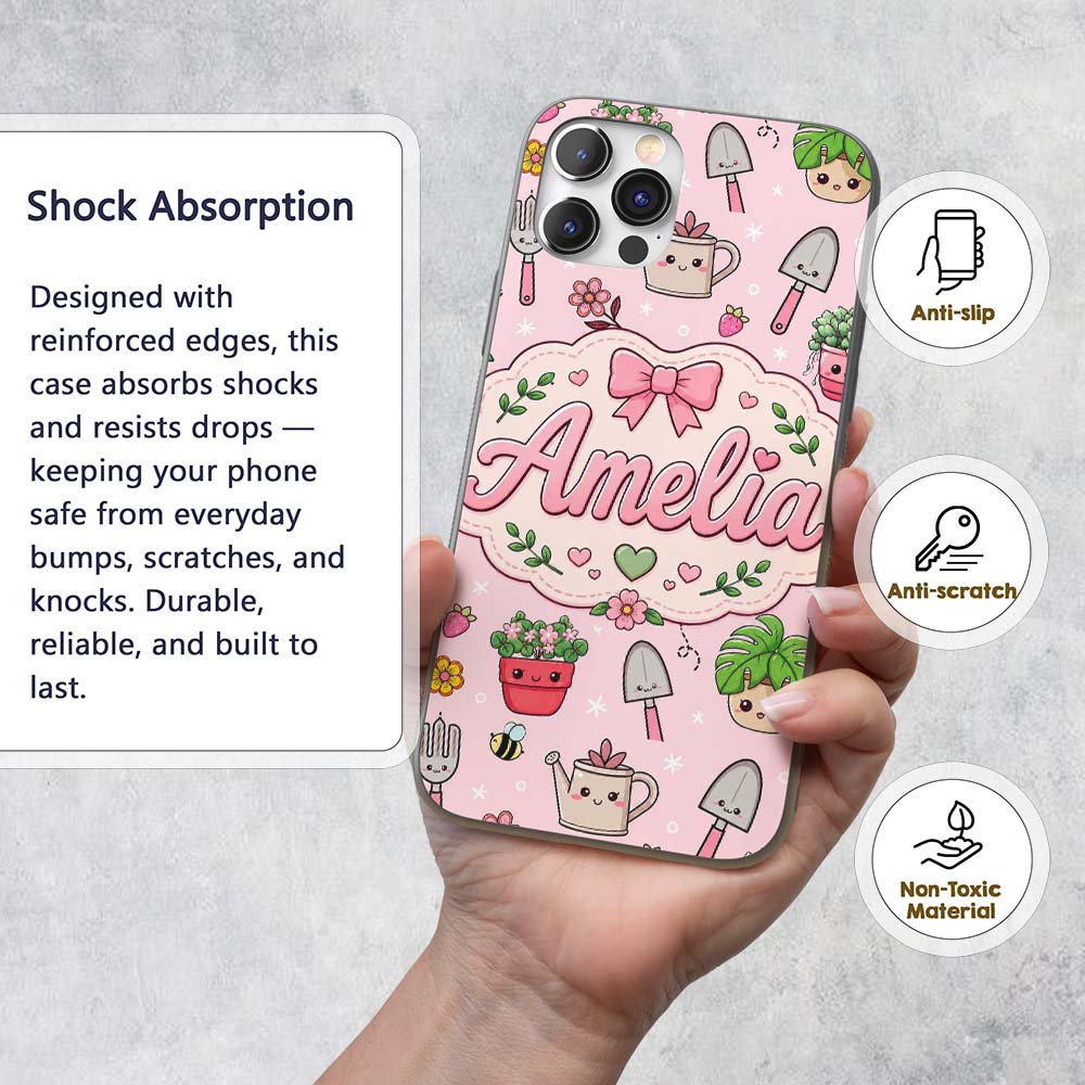 Cute Kawaii Garden Tools Plants Bees Seamless Custom Name Protective Phone Case Mobile Cover Durable Everyday Smartphone Shock Resistant