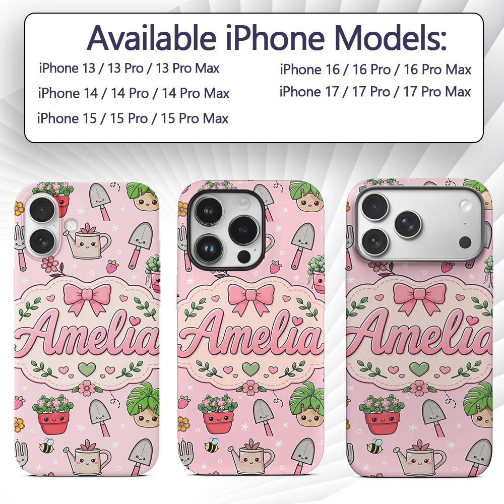 Cute Kawaii Garden Tools Plants Bees Seamless Custom Name Protective Phone Case Mobile Cover Durable Everyday Smartphone Shock Resistant