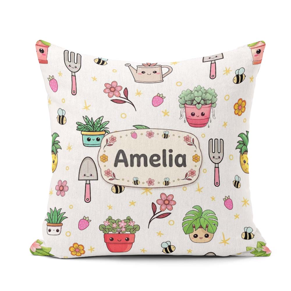 Custom Name Kawaii Garden Tools Plants Bees Pattern White Floral Square Filled Cushion Throw Pillow Sofa Bed Home Decor Zip Washable UK Made