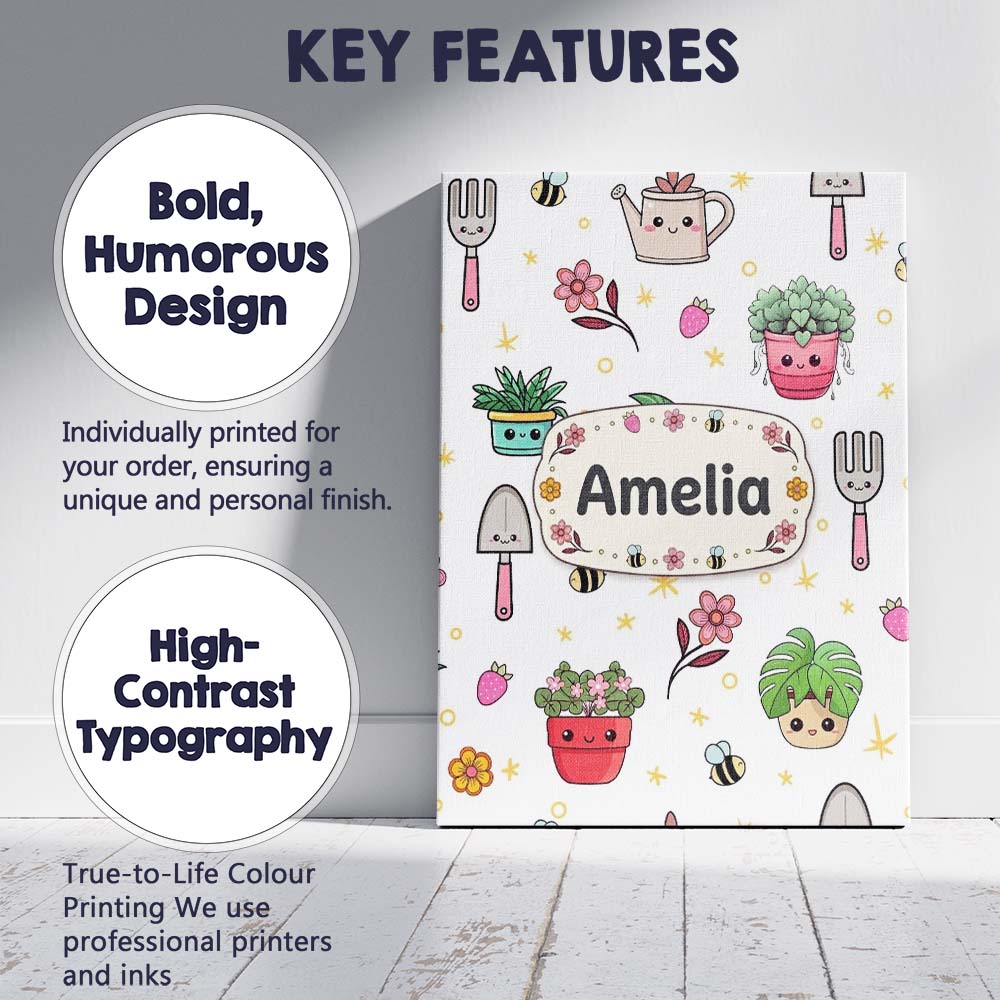 Personalised Name Cute Kawaii Garden Tools Custom Unique Gift Idea Elegant Feature Canvas Wall Art Print Decor Picture Ready to Hang