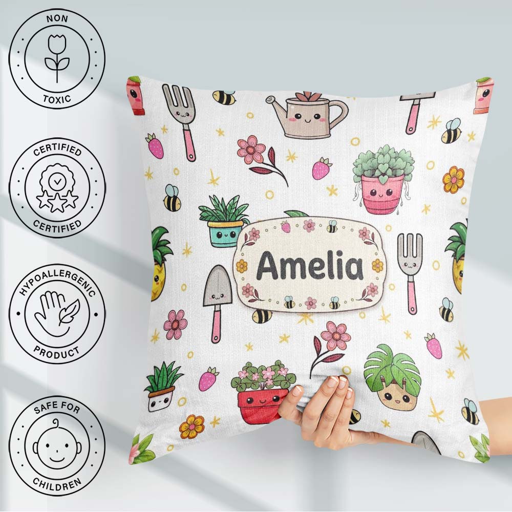 Custom Name Kawaii Garden Tools Plants Bees Pattern White Floral Square Filled Cushion Throw Pillow Sofa Bed Home Decor Zip Washable UK Made
