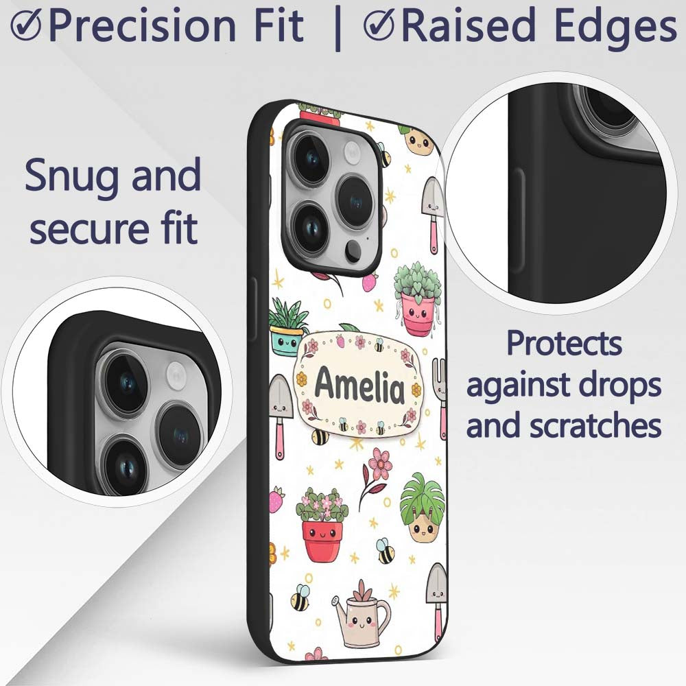 Cute Kawaii Garden Tools Plants Bees Seamless Custom Name Protective Phone Case Mobile Cover Durable Everyday Smartphone Shock Resistant