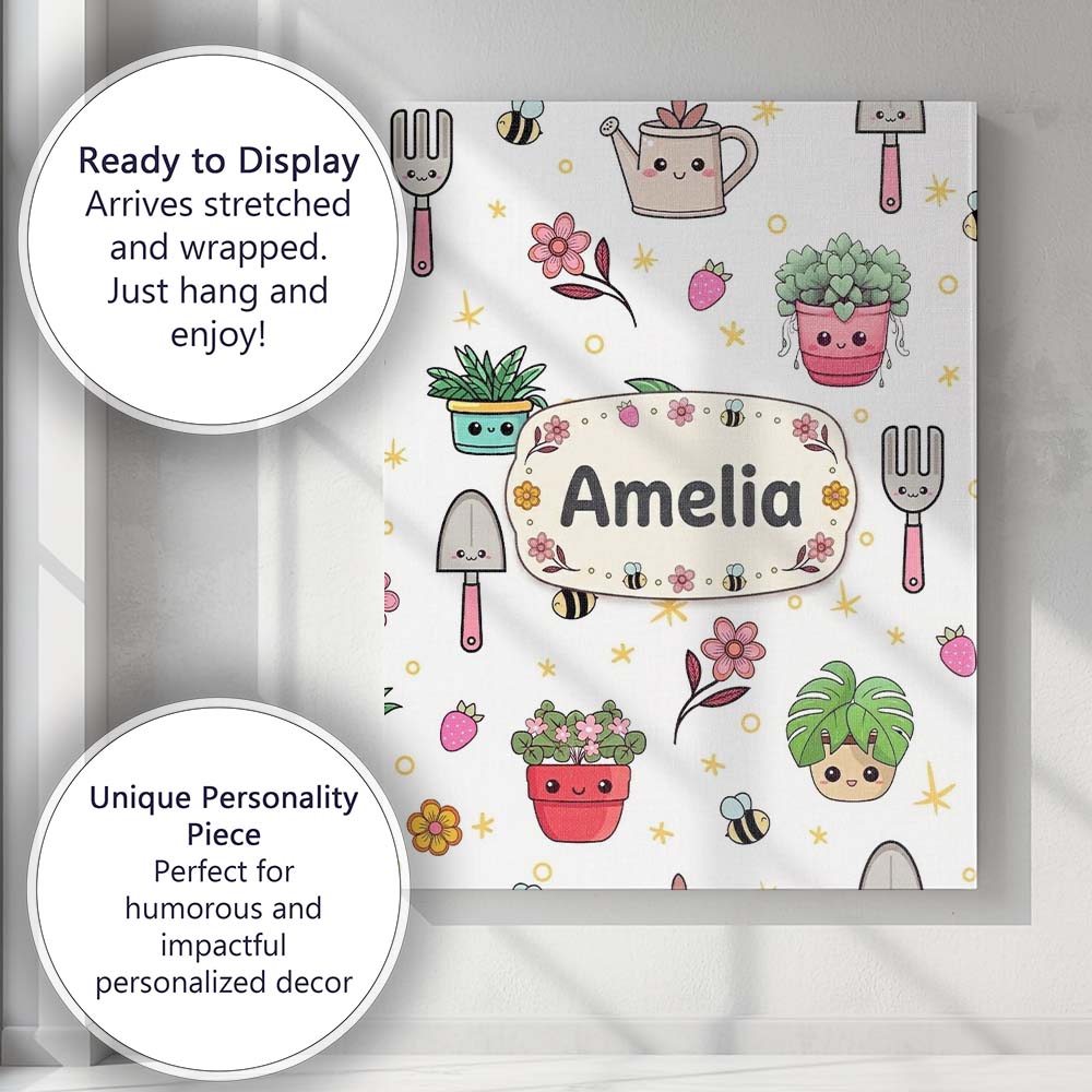 Personalised Name Cute Kawaii Garden Tools Custom Unique Gift Idea Elegant Feature Canvas Wall Art Print Decor Picture Ready to Hang