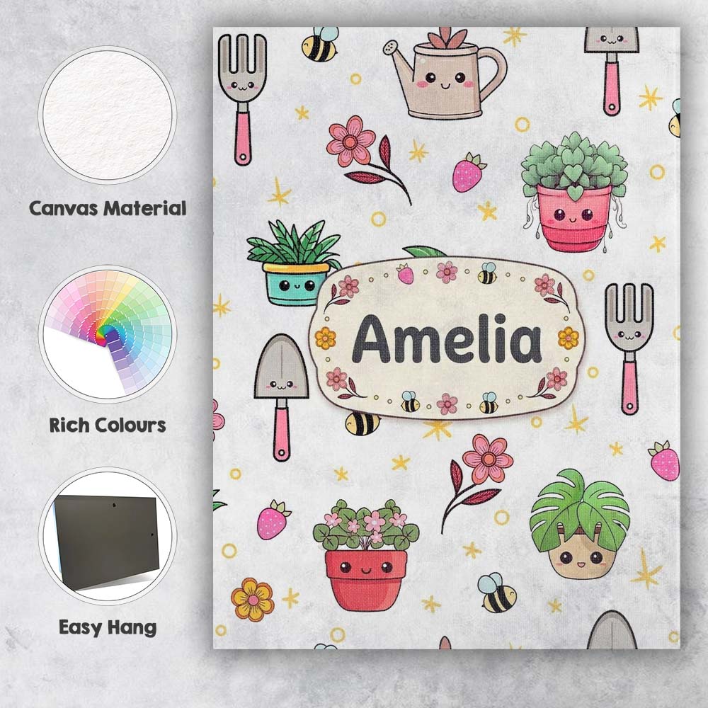 Personalised Name Cute Kawaii Garden Tools Custom Unique Gift Idea Elegant Feature Canvas Wall Art Print Decor Picture Ready to Hang