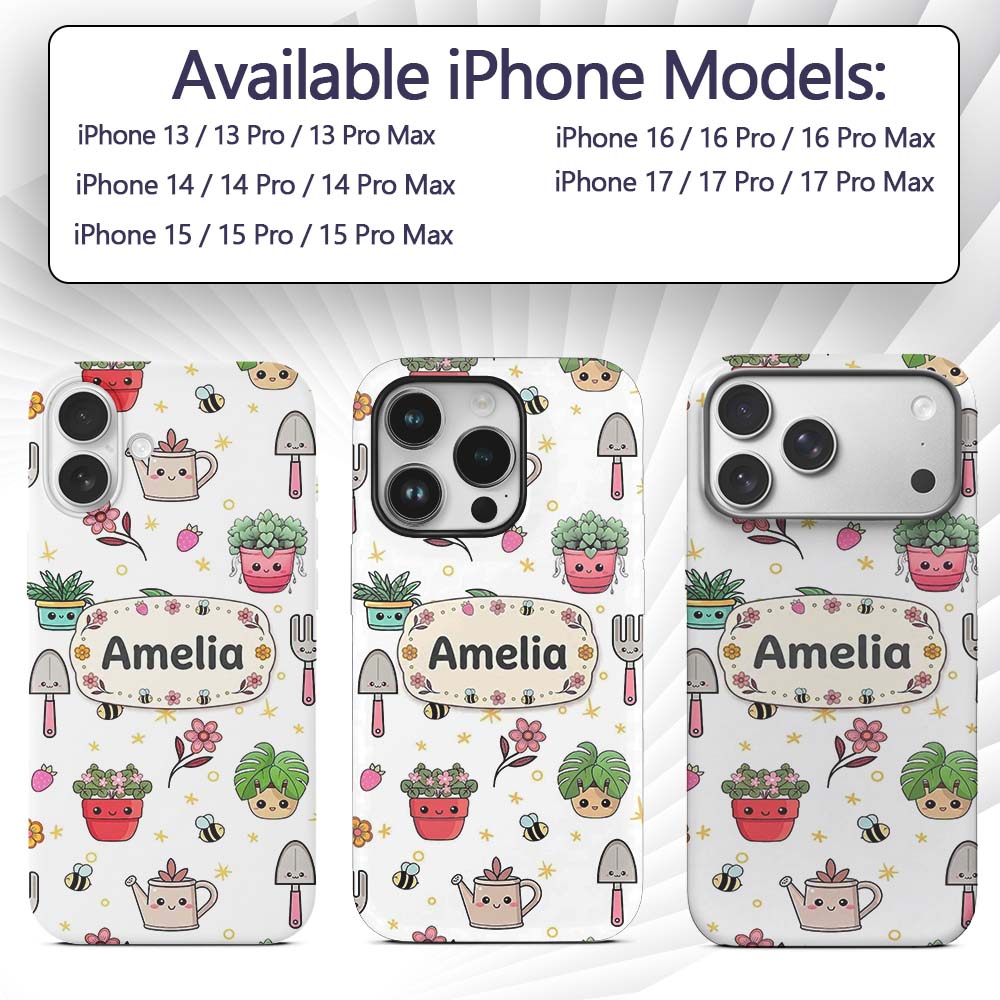 Cute Kawaii Garden Tools Plants Bees Seamless Custom Name Protective Phone Case Mobile Cover Durable Everyday Smartphone Shock Resistant