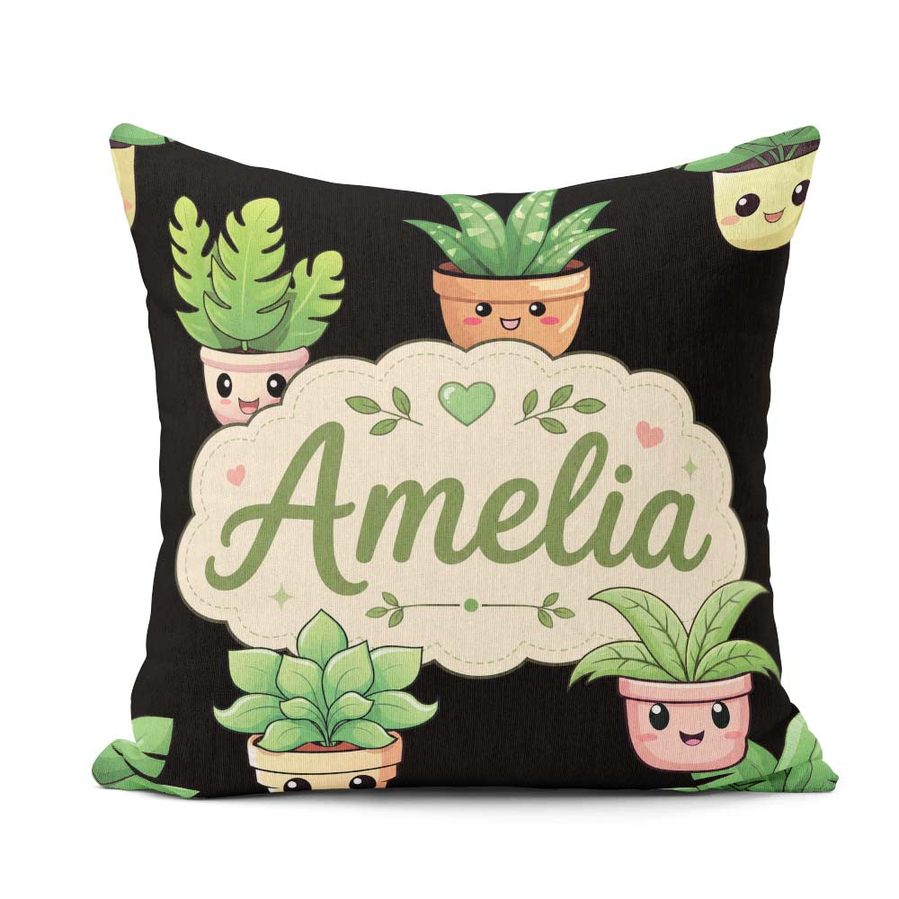 Custom Name Cute Kawaii Plant Pots Leaves Seamless Pattern Black Square Filled Cushion Throw Pillow Sofa Bed Home Decor Zip Washable UK Made