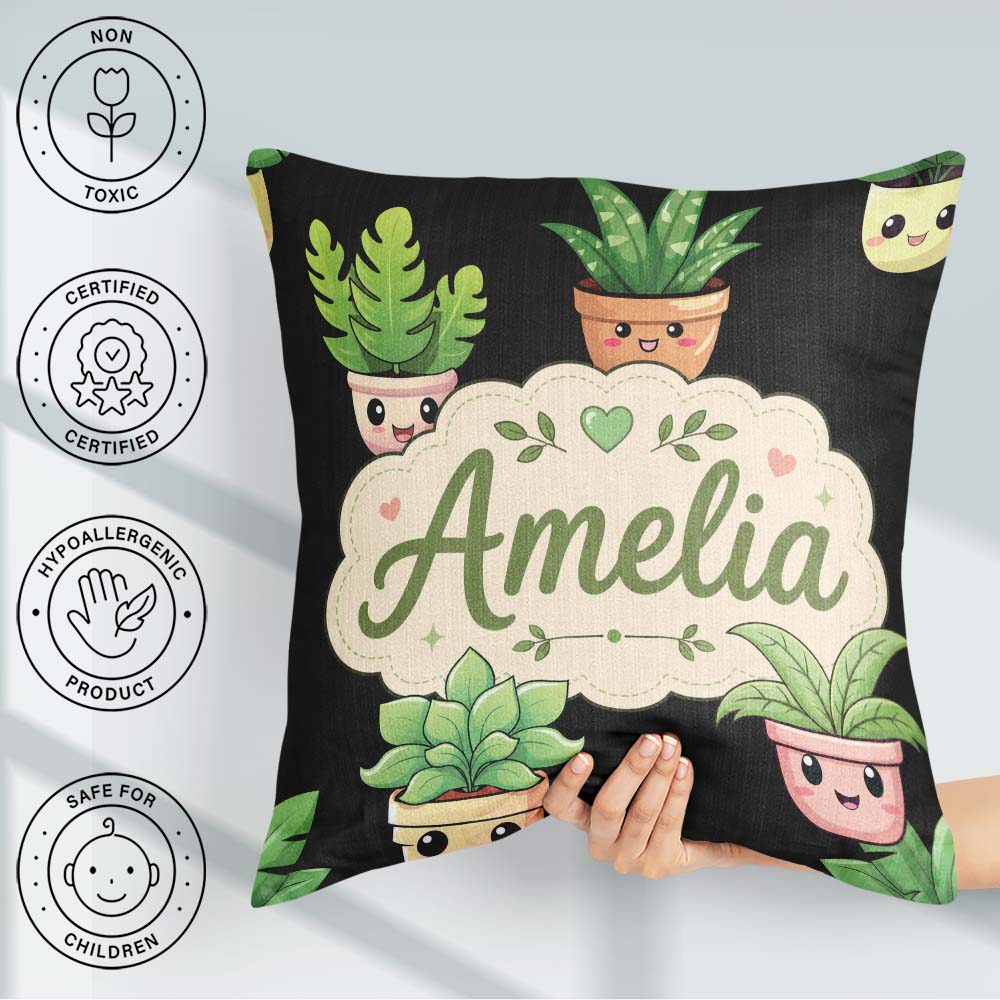 Custom Name Cute Kawaii Plant Pots Leaves Seamless Pattern Black Square Filled Cushion Throw Pillow Sofa Bed Home Decor Zip Washable UK Made