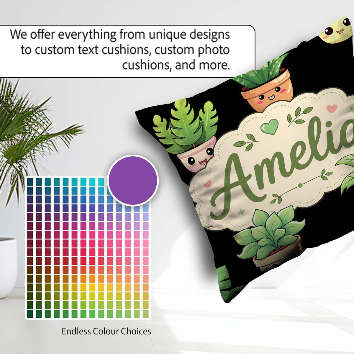 Custom Name Cute Kawaii Plant Pots Leaves Seamless Pattern Black Square Filled Cushion Throw Pillow Sofa Bed Home Decor Zip Washable UK Made