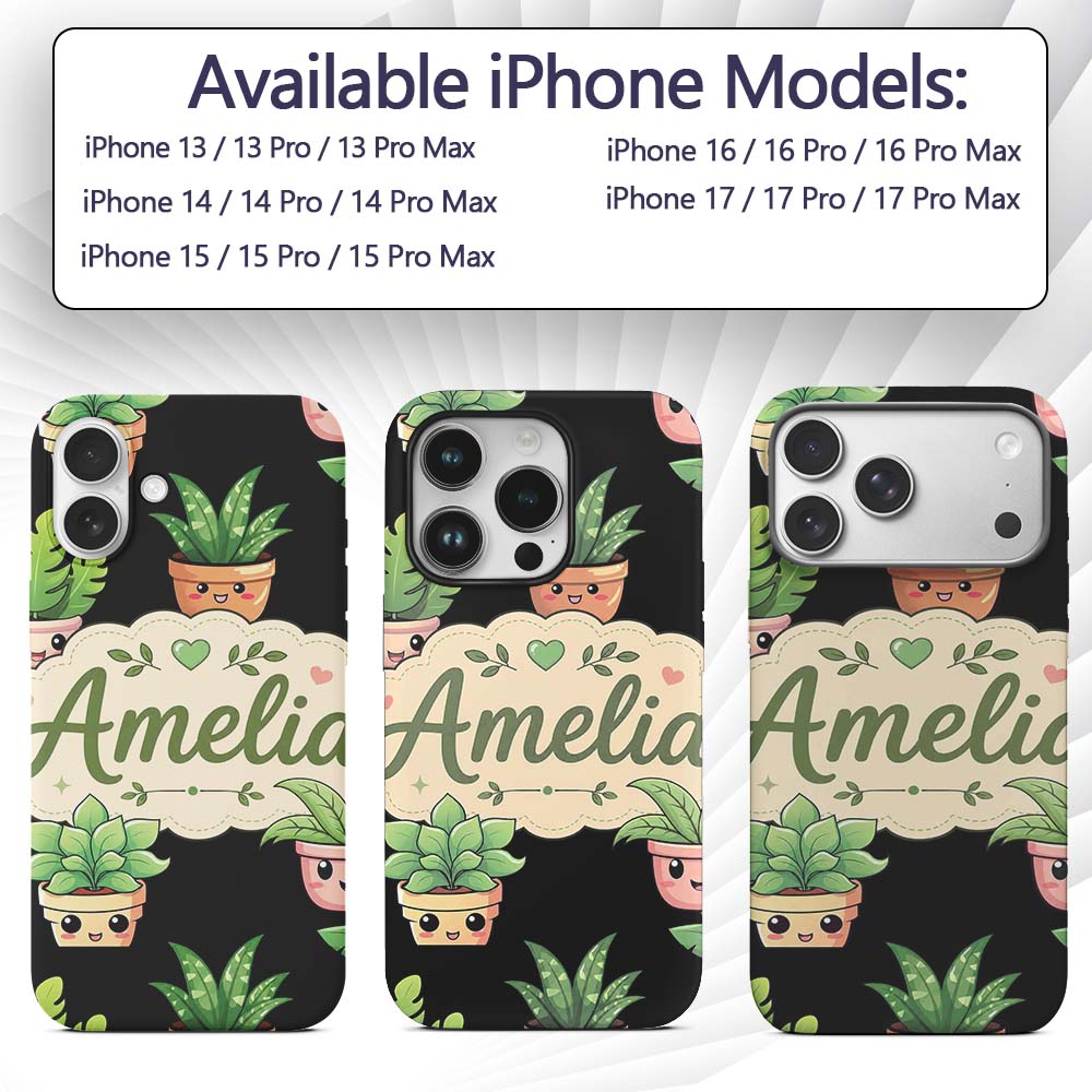Cute Kawaii Cute Plant Pots Leaves Printed Design Custom Name Protective Phone Case Mobile Cover Durable Everyday Smartphone Shock Resistant