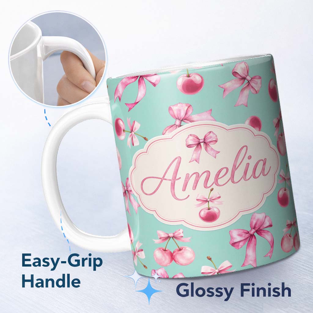 Personalized Custom Name Watercolor Pink Cherry Ribbon Bow Seamless Pattern Mint Green Lovely 11oz Ceramic Coffee Tea Mug White Large Handle