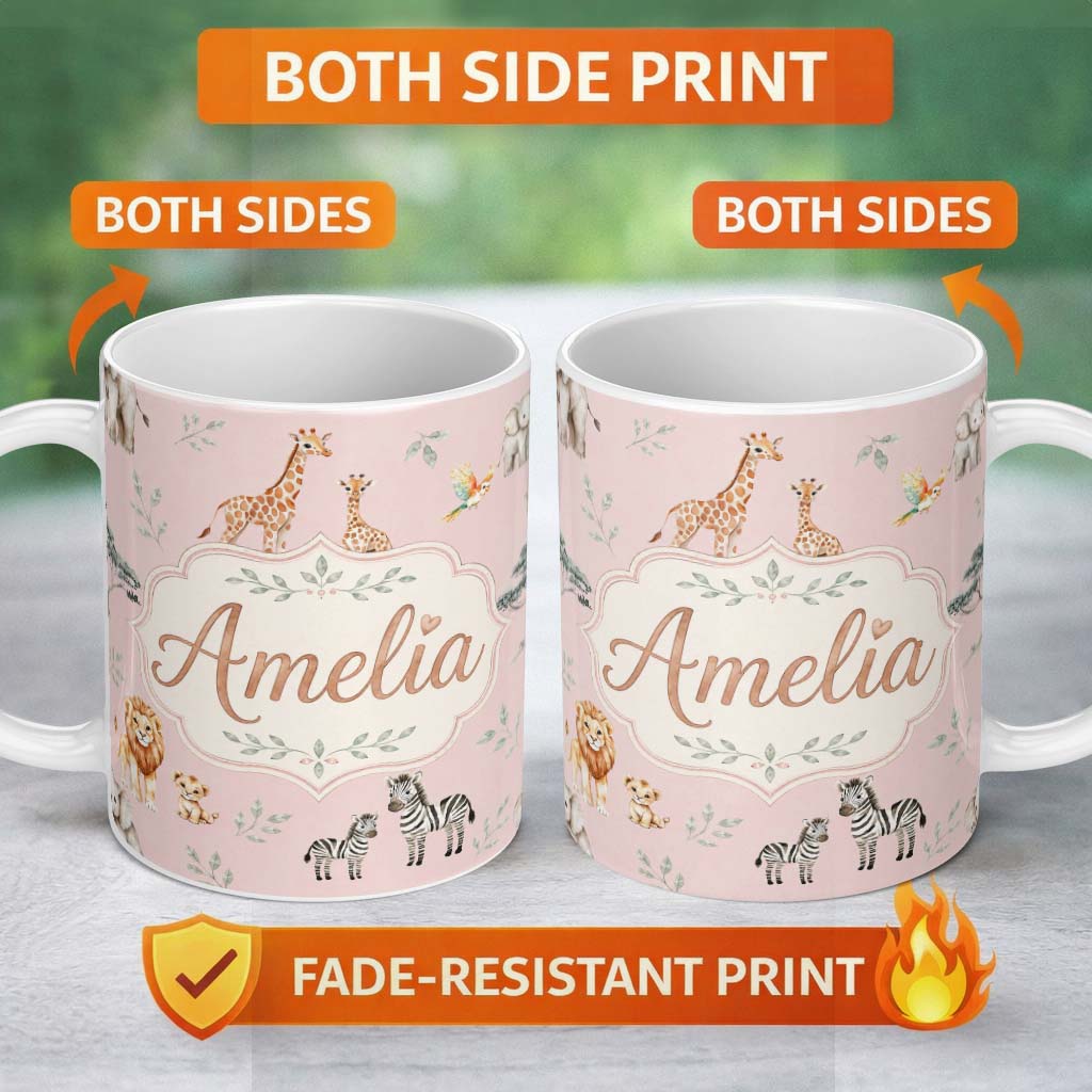Personalized Custom Name Cute Safari Animals Giraffe Lion Zebra on Soft Pink Background 11oz Ceramic Coffee Tea Mug White Large Handle