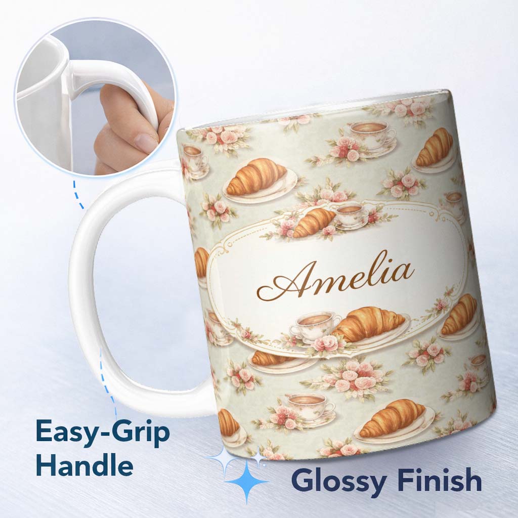 Personalized Custom Name Croissant Coffee Strawberry Dessert Seamless Pattern Bakery Lovely 11oz Ceramic Coffee Tea Mug White Large Handle