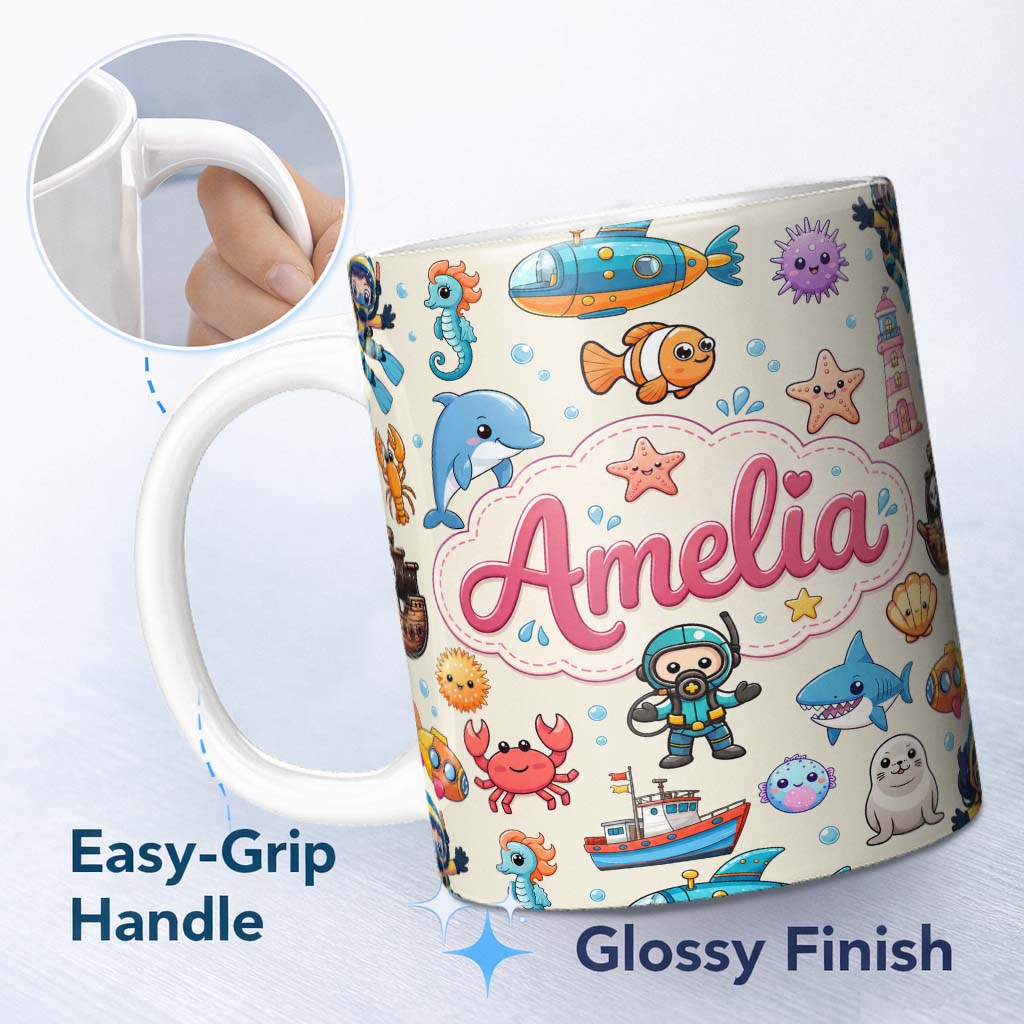 Personalized Custom Name Cartoon Ocean with various sea Creatures on Soft Beige Background 11oz Ceramic Coffee Tea Mug White Large Handle