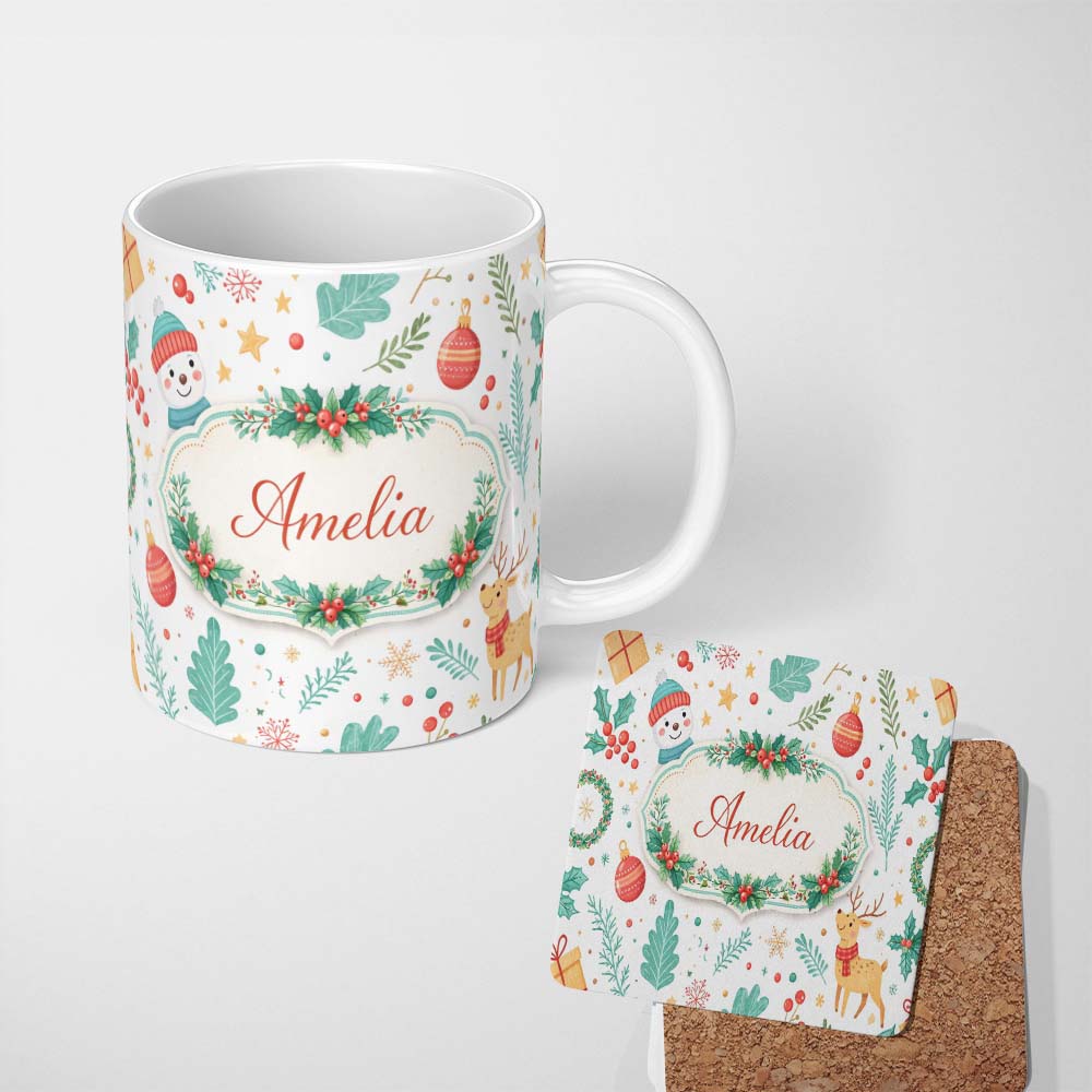 Personalized Custom Name Snowman Reindeer Wreath Winter Christmas Cute Seamless Pattern 11oz Ceramic Coffee Tea Mug White Large Handle