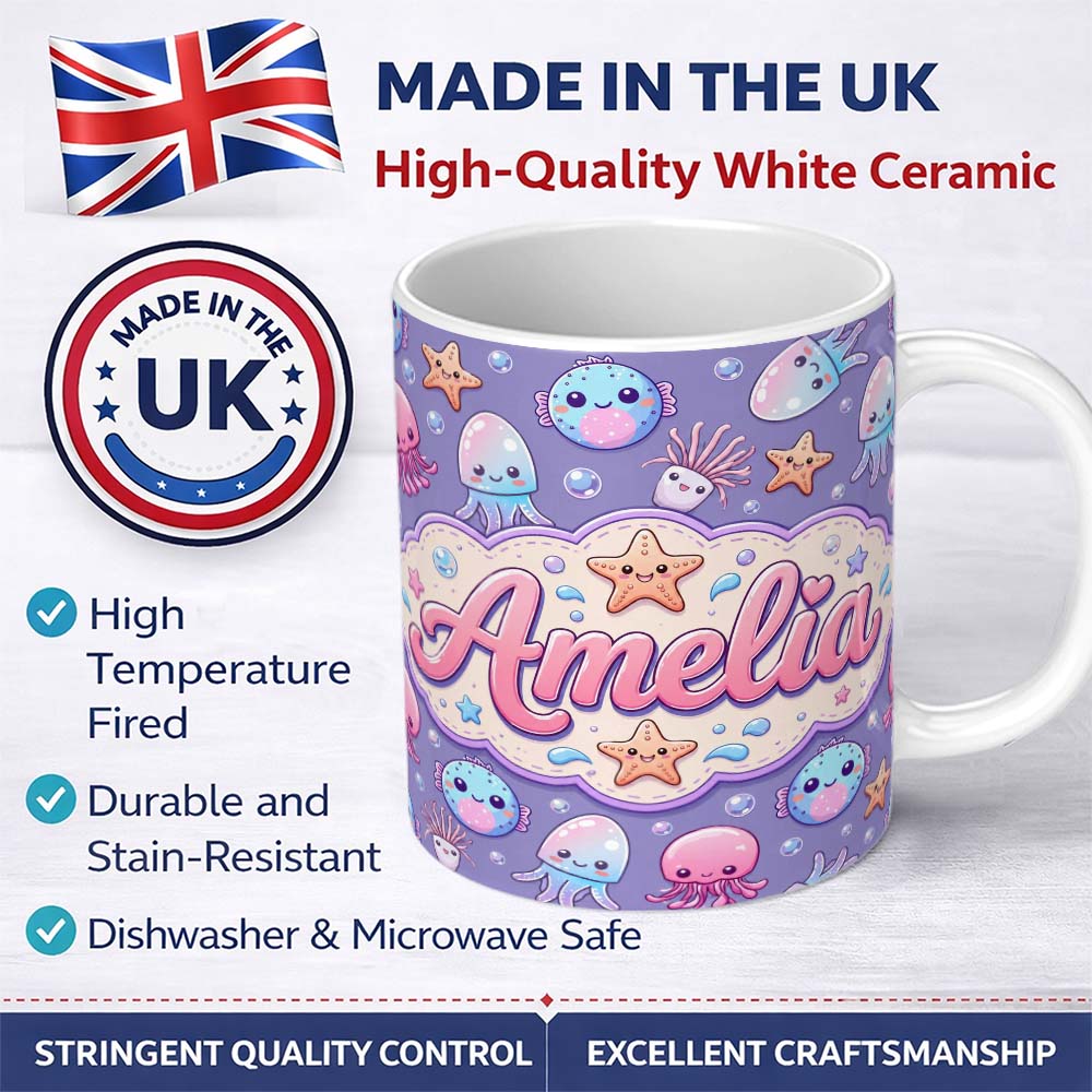 Personalized Custom Name Jellyfish Puffer Fish Starfish Pastel Ocean Creatures Lavender 11oz Ceramic Coffee Tea Mug White Large Handle