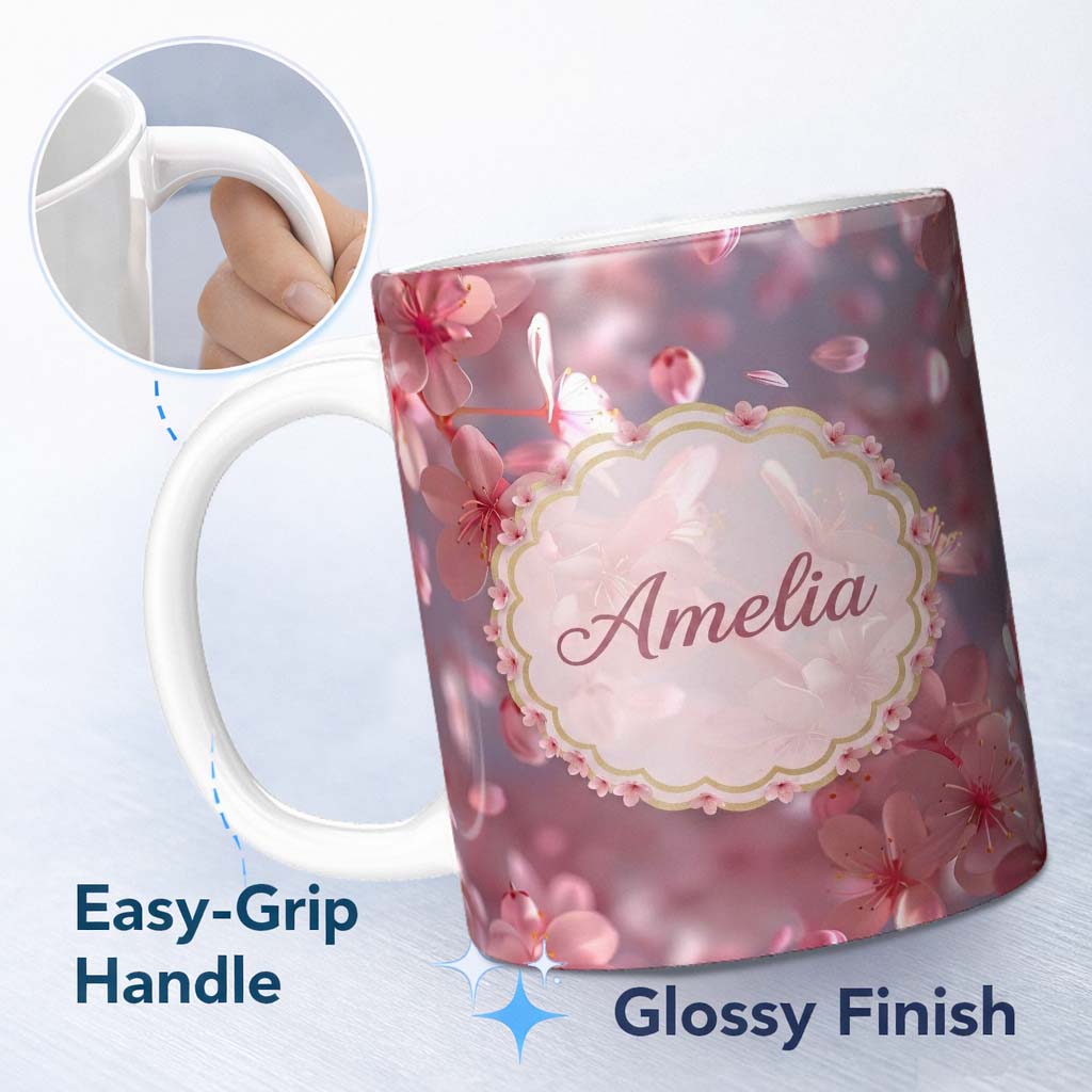 Personalized Custom Name Soft Pink Cherry Blossom Petals Floating in Air Pattern Romantic 11oz Ceramic Coffee Tea Mug White Large Handle