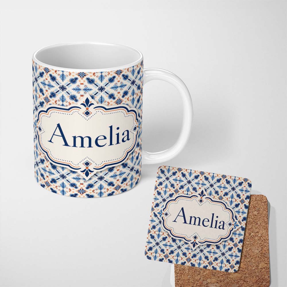Personalized Custom Name Blue White Nordic Folk Pattern Seamless Pattern Cute Unique Gift 11oz Ceramic Coffee Tea Mug White Large Handle
