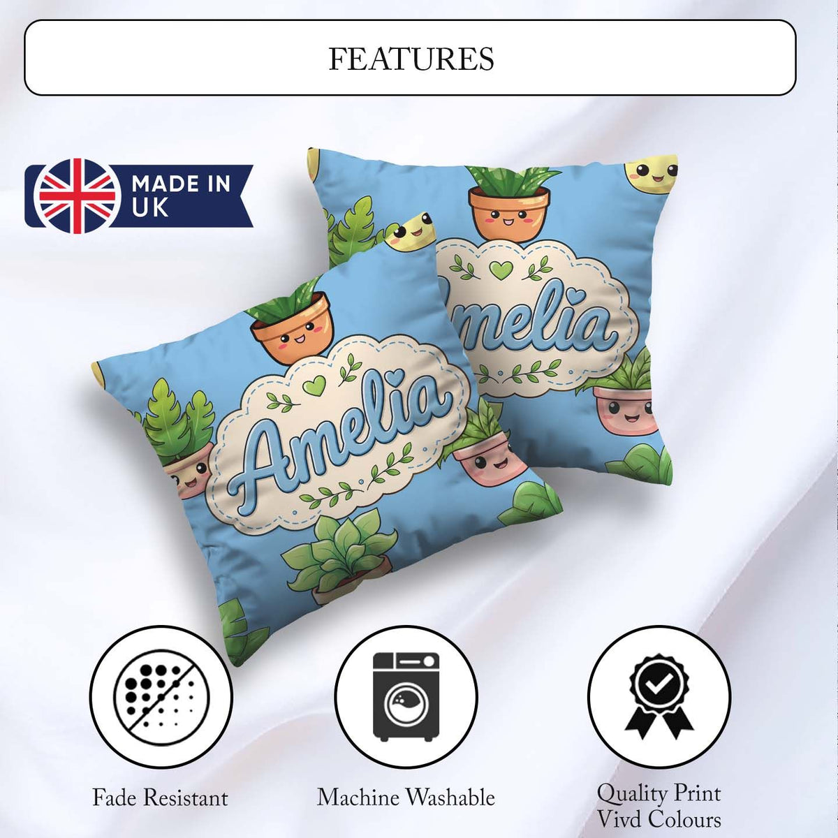 Custom Name Cute Kawaii Plant Pots Leaves Seamless Pattern Blue Square Filled Cushion Throw Pillow Sofa Bed Home Decor Zip Washable UK Made