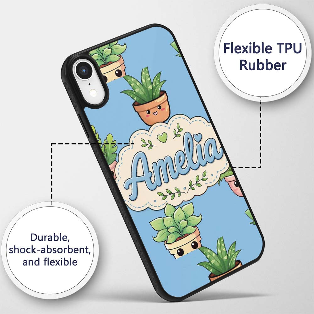 Cute Kawaii Cute Plant Pots Leaves Printed Design Custom Name Protective Phone Case Mobile Cover Durable Everyday Smartphone Shock Resistant