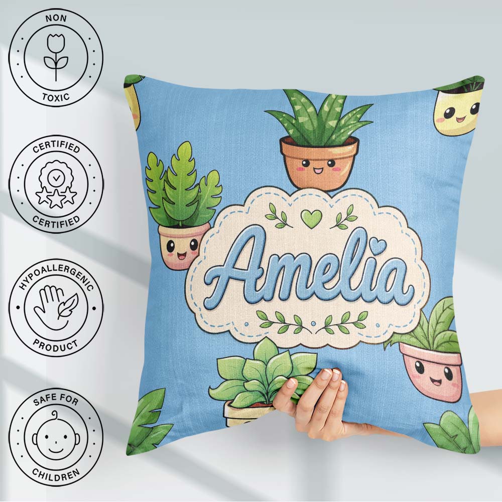 Custom Name Cute Kawaii Plant Pots Leaves Seamless Pattern Blue Square Filled Cushion Throw Pillow Sofa Bed Home Decor Zip Washable UK Made