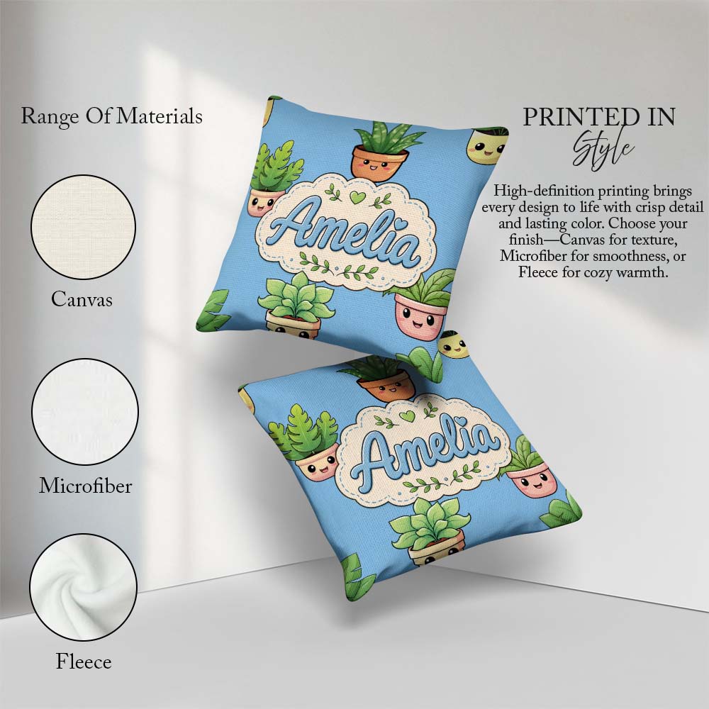 Custom Name Cute Kawaii Plant Pots Leaves Seamless Pattern Blue Square Filled Cushion Throw Pillow Sofa Bed Home Decor Zip Washable UK Made