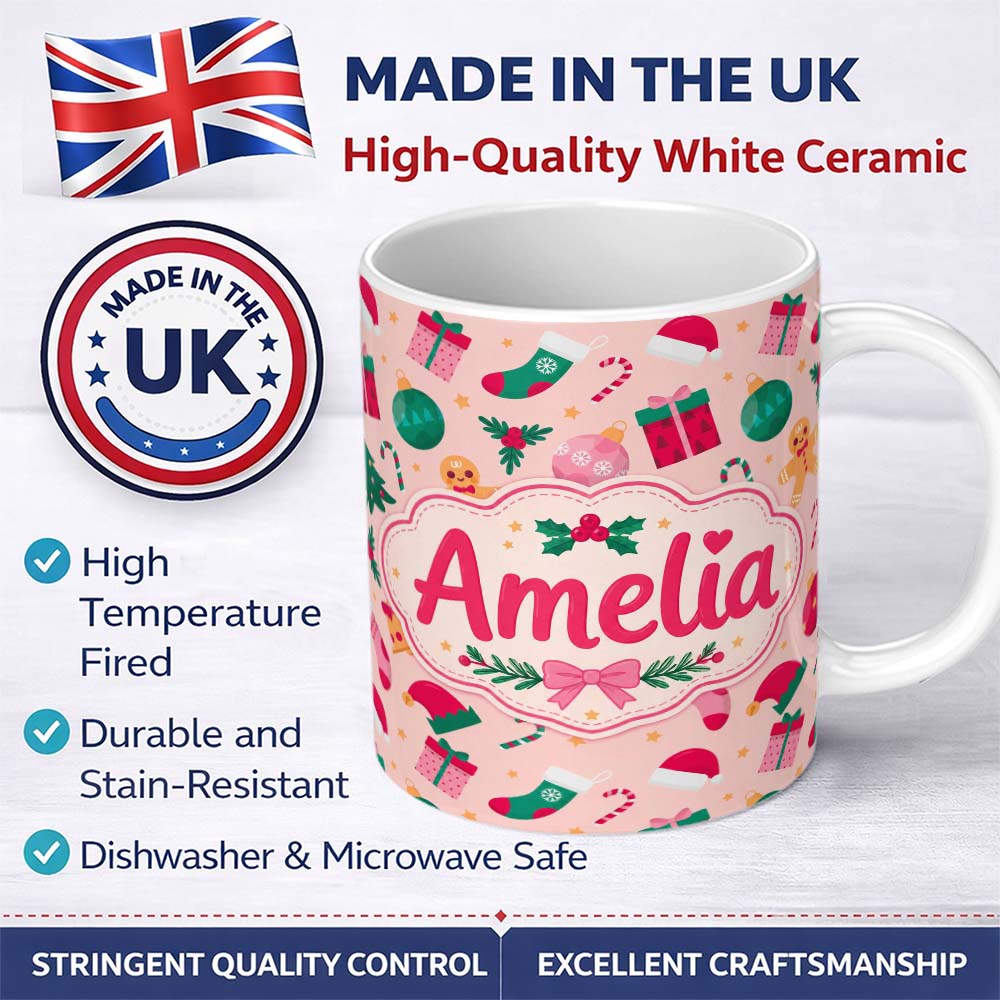 Personalized Custom Name Cute Gingerbread Candy Cane Christmas Tree Seamless Pattern Lovely 11oz Ceramic Coffee Tea Mug White Large Handle