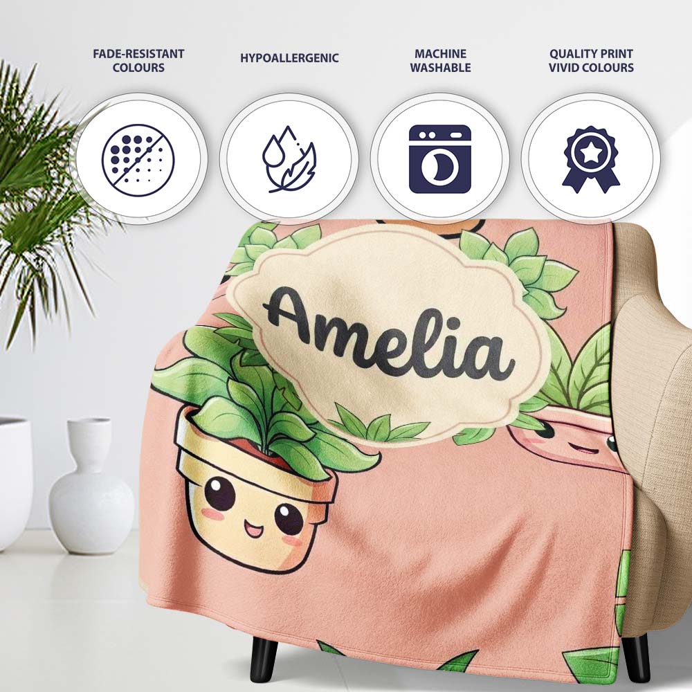 Cute Kawaii Smiling Plant Pots Leaves Seamless Pattern Beige Lovely Personalised Custom Name Super Soft Fleece Blanket Bed Sofa Throw
