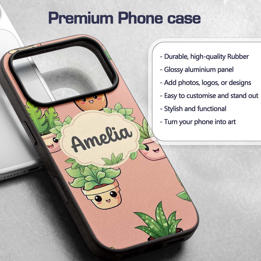 Cute Kawaii Smiling Plant Pots Leaves Seamless Custom Name Protective Phone Case Mobile Cover Durable Everyday Smartphone Shock Resistant