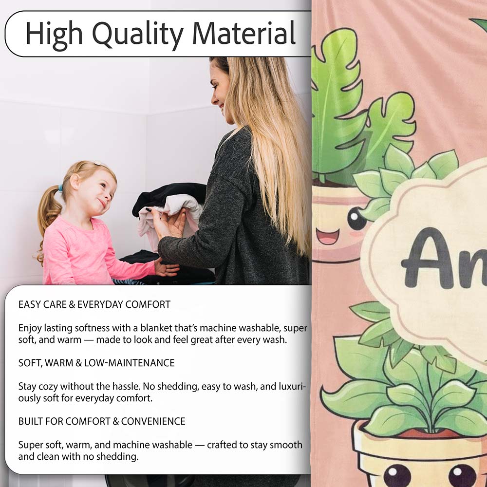 Cute Kawaii Smiling Plant Pots Leaves Seamless Pattern Beige Lovely Personalised Custom Name Super Soft Fleece Blanket Bed Sofa Throw