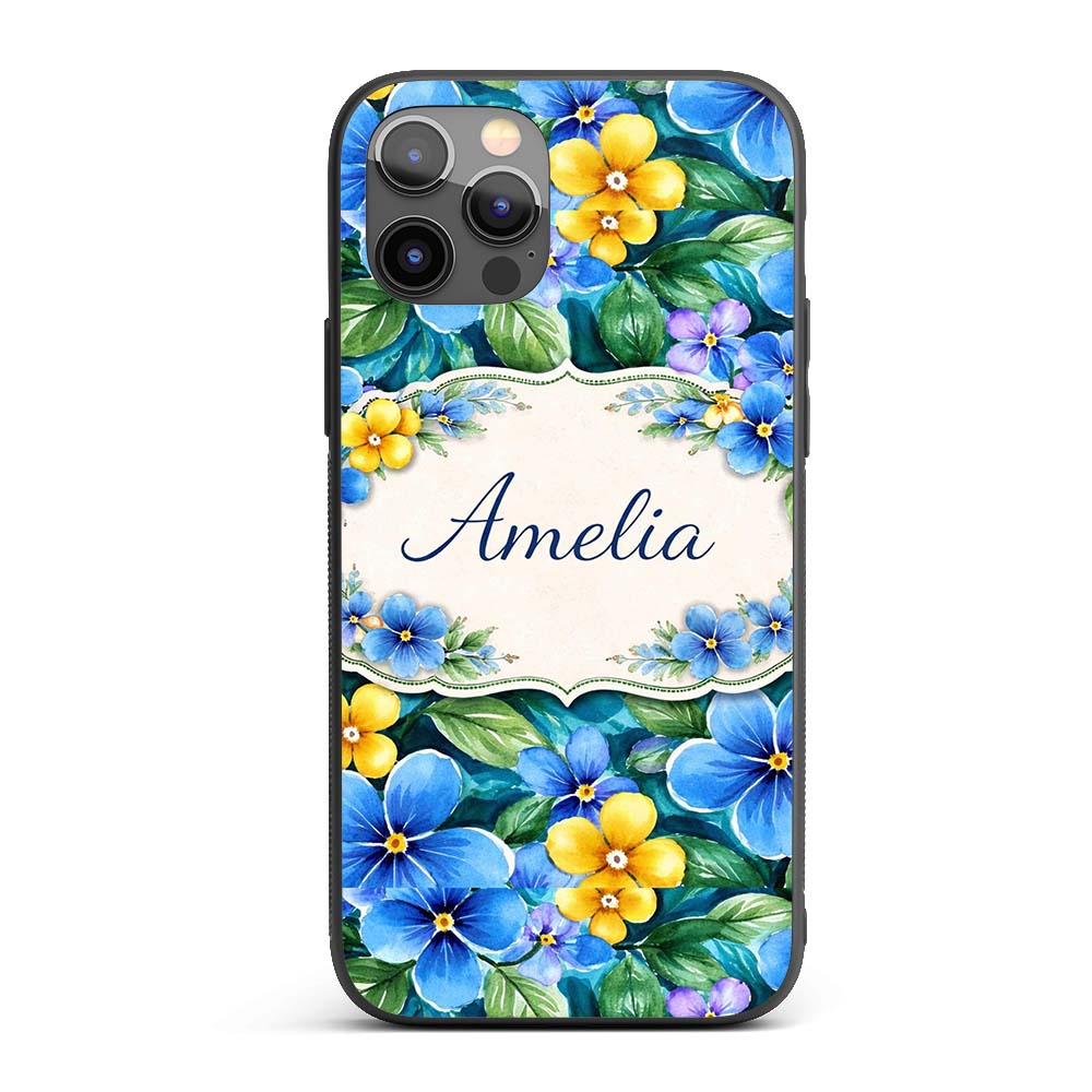 Blue and Yellow Floral Watercolor Garden Seamless Custom Name Protective Phone Case Mobile Cover Durable Everyday Smartphone Shock Resistant