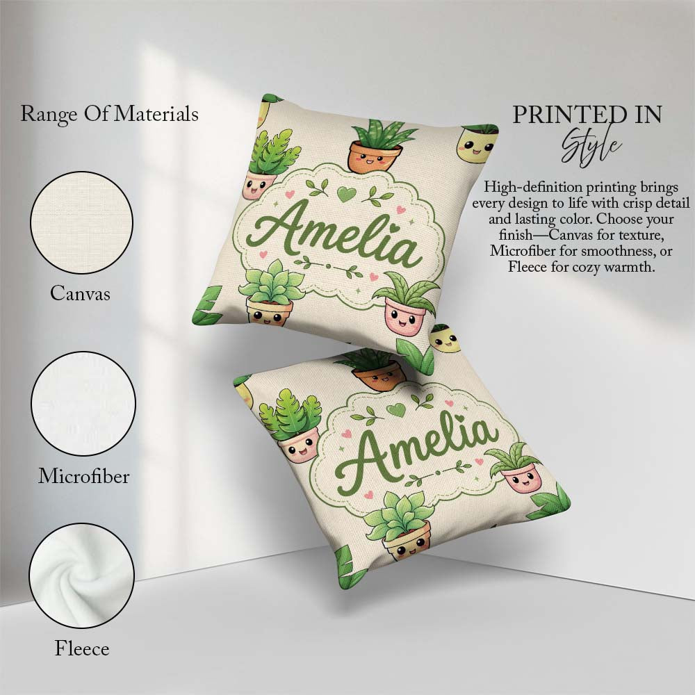 Custom Name Cute Kawaii Smiling Plant Pots Leaves Seamless Cream Square Filled Cushion Throw Pillow Sofa Bed Home Decor Zip Washable UK Made