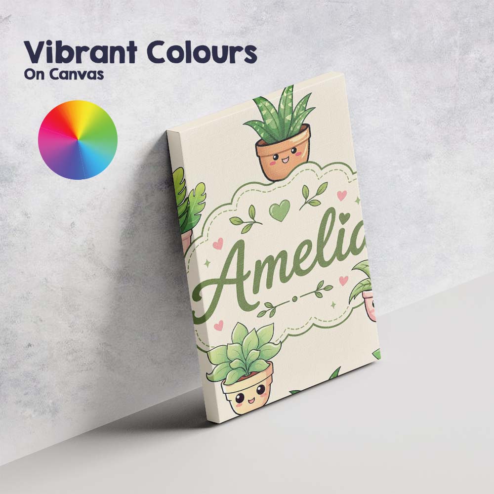 Personalised Name Cute Kawaii Smiling Plant Custom Bespoke Interior Contemporary Canvas Wall Art Print Decor Picture Ready to Hang