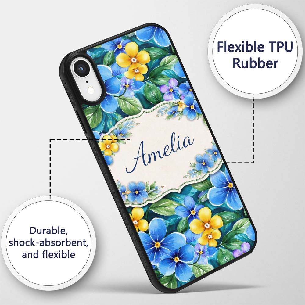 Blue and Yellow Floral Watercolor Garden Seamless Custom Name Protective Phone Case Mobile Cover Durable Everyday Smartphone Shock Resistant