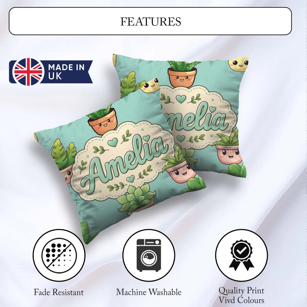 Custom Name Cute Kawaii Smiling Plant Pots Seamless Pattern Mint Square Filled Cushion Throw Pillow Sofa Bed Home Decor Zip Washable UK Made