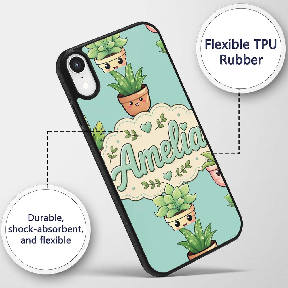 Cute Kawaii Smiling Plant Pots Leaves Seamless Custom Name Protective Phone Case Mobile Cover Durable Everyday Smartphone Shock Resistant