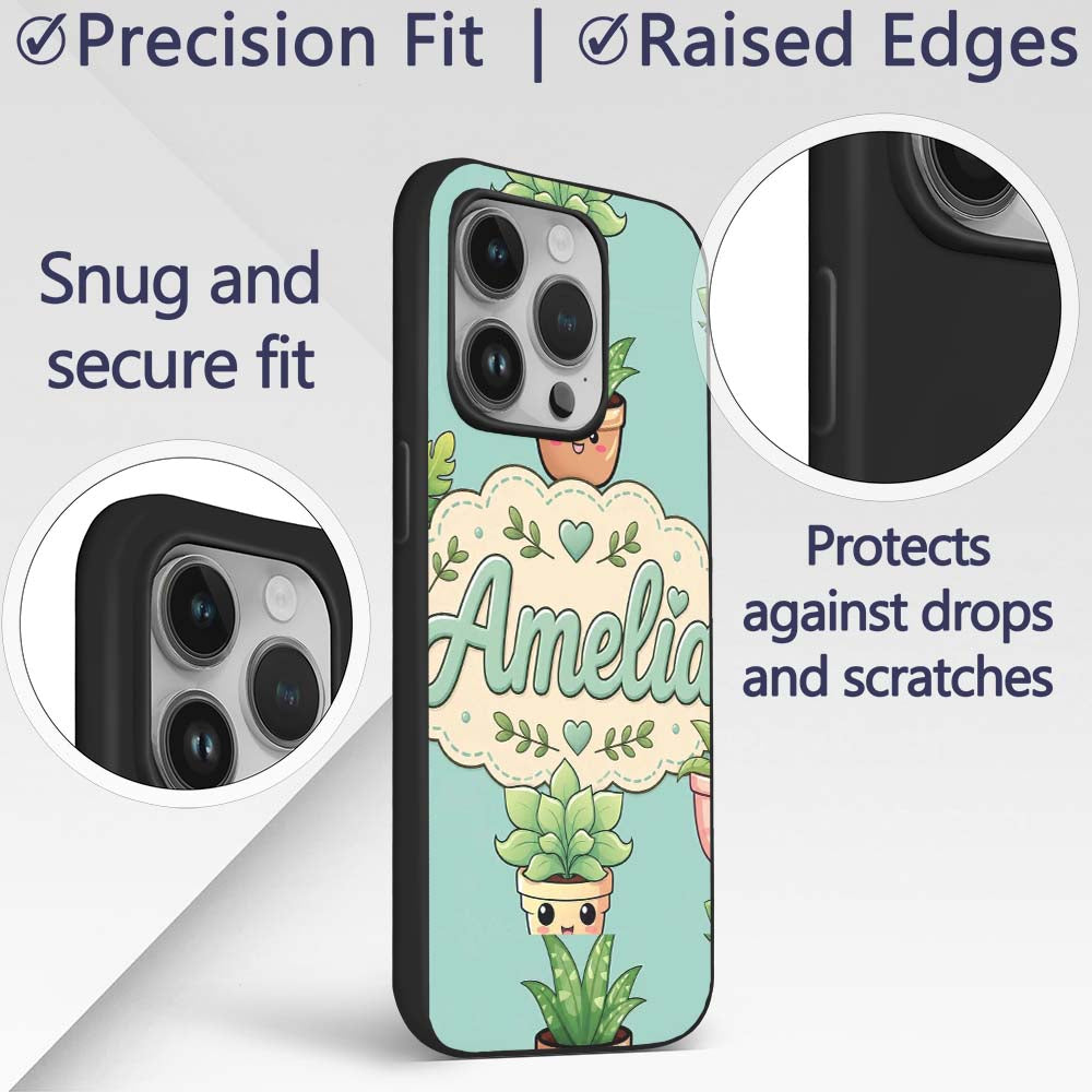 Cute Kawaii Smiling Plant Pots Leaves Seamless Custom Name Protective Phone Case Mobile Cover Durable Everyday Smartphone Shock Resistant